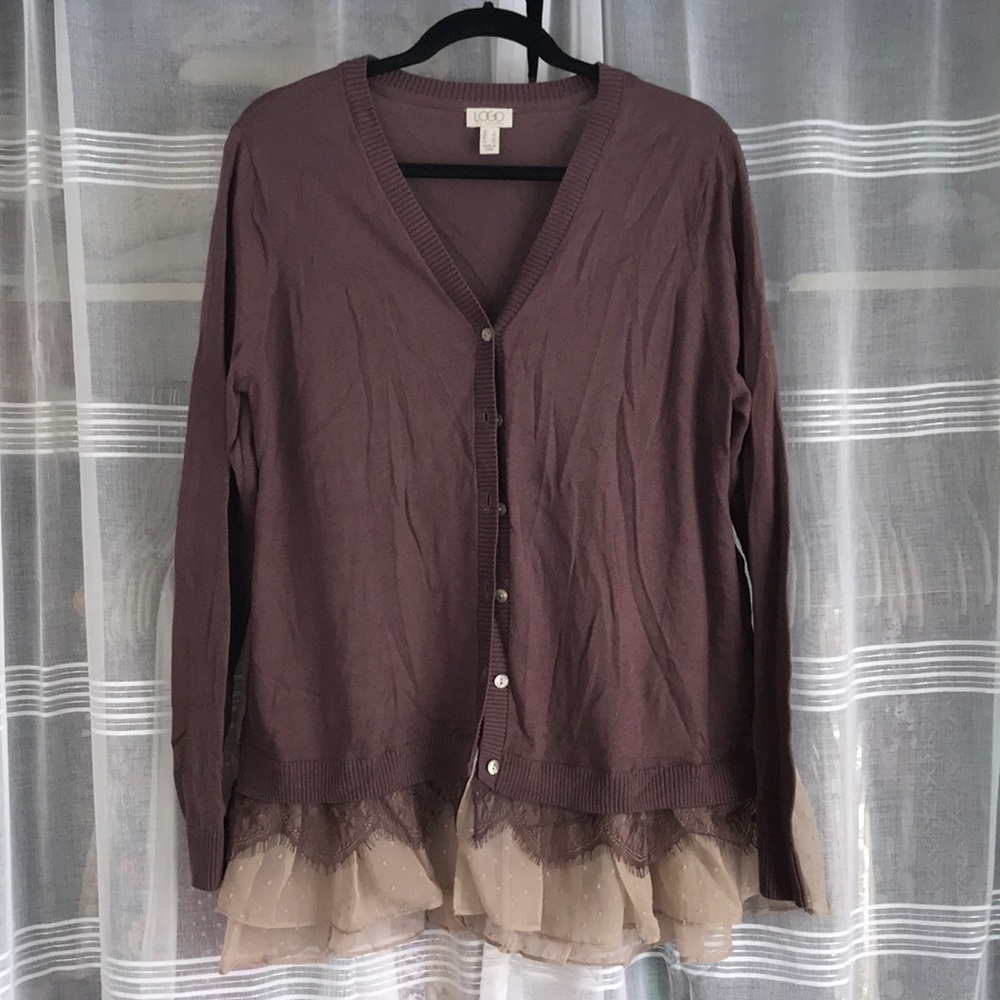 Purple LOGO cardigan with semi sheer lace trim